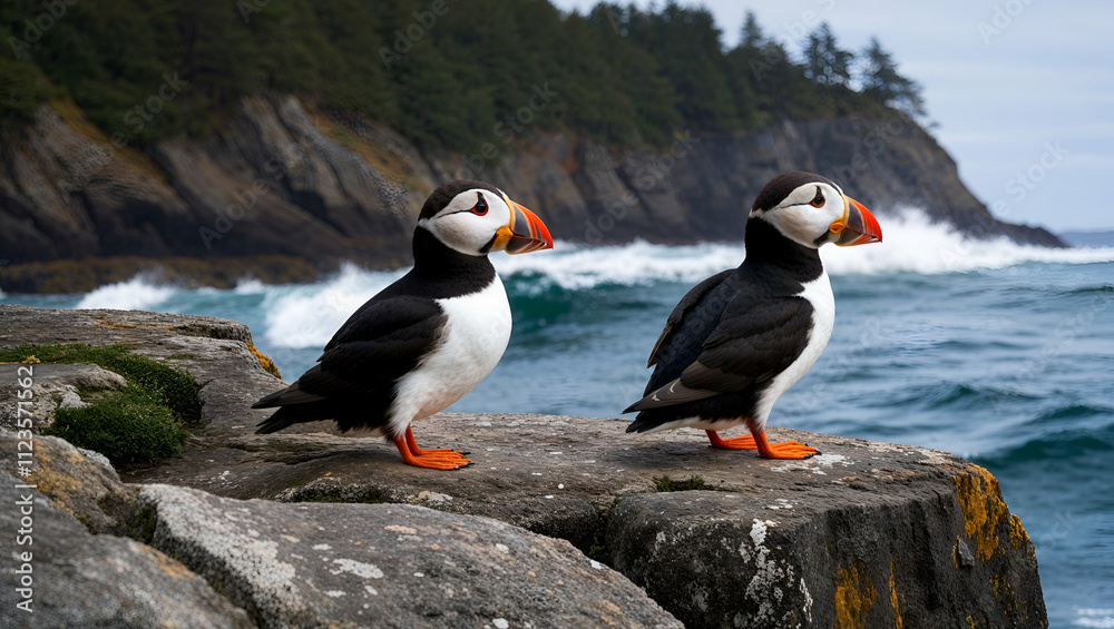 Obraz premium Puffins stand on rocky shore beside ocean waves in a coastal habitat at sunrise