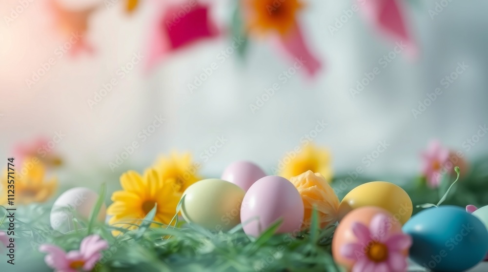 Colorful easter eggs and spring flowers arranged on grass in a bright setting Colorful easter eggs and spring flowers arranged on grass in a bright setting