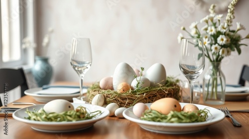 Elegant spring table setting with decorative eggs and fresh flowers for a fes...