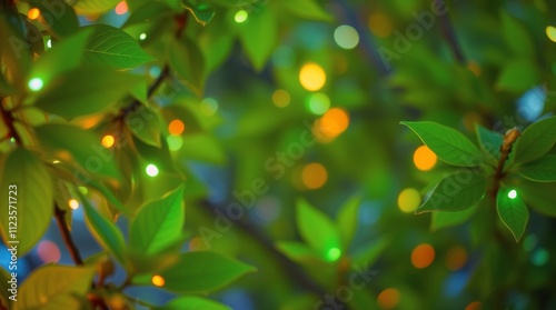 Colorful lights illuminate vibrant green leaves in a tranquil outdoor setting...