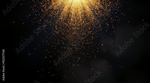 Golden particles cascading from above in a dark atmosphere during a celebration