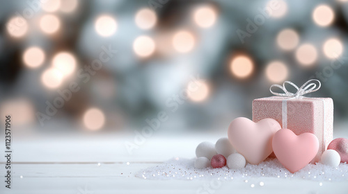 Pink and white wrapped gift box with glitter ribbon, surrounded by soft pastel hearts, perfect for Valentine’s Day decor and gifting inspiration. photo