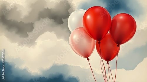 Colorful balloons floating against a cloudy sky during daylight hours