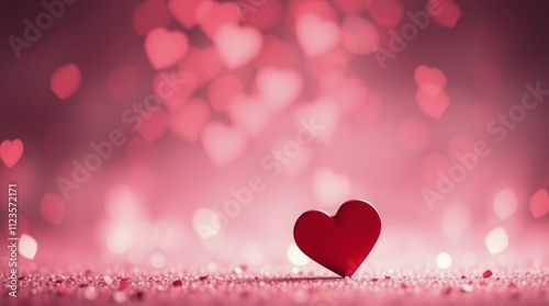 Simple red heart on a sparkling background of pink and red bokeh lights at night