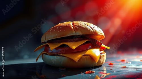 Cheddar and bacon burger with toppings presented on a dark surface with drama...