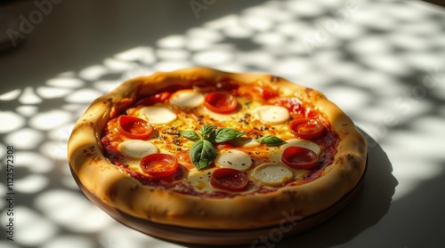 Delicious pizza topped with fresh tomatoes and basil in afternoon sunlight