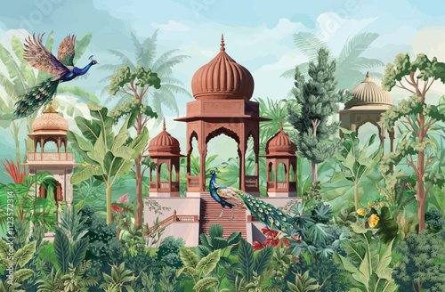 Beautiful Peacock and Garden Arch  illustration. Tropical forest jungle with peacock wallpaper.