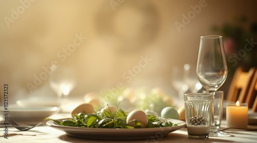 Elegant table setting with salad and decorative eggs for a spring gathering