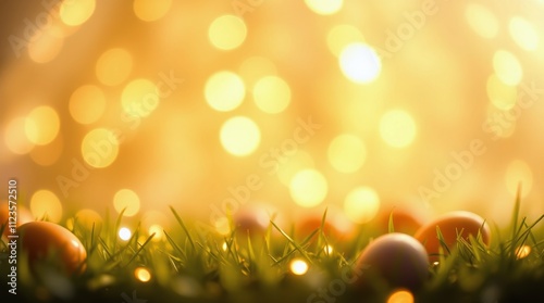 Brightly colored eggs scattered on grass with golden bokeh lights in the back...