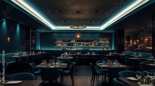 Elegant restaurant interior with modern design and ambient lighting in a city...