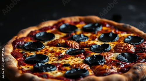 Delicious pizza topped with black olives and cheese on a dark background