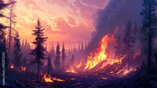 Wildfire destruction forest landscape digital art aerial view environmental crisis at sunset photo