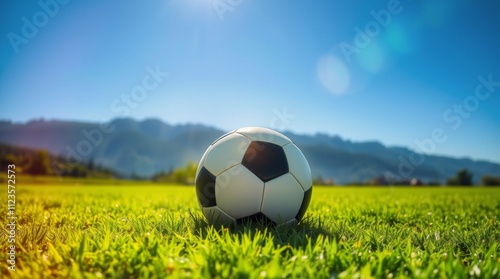 Soccer ball resting on green grass under a clear blue sky with mountains in t...