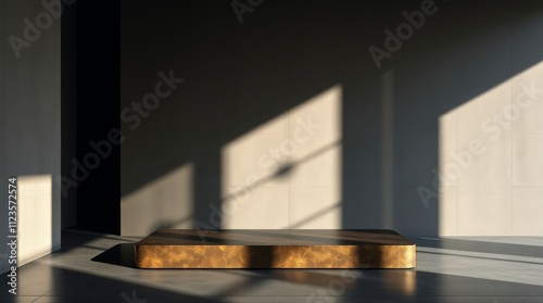 Minimalist interior with golden podium casting shadows in natural light