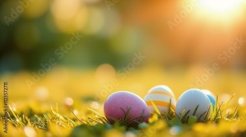 Colorful eggs resting on lush grass during a sunny spring afternoon
