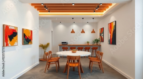 Modern dining area with artistic decor and warm lighting in a contemporary se...