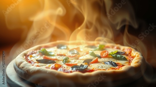 Freshly baked pizza with steam rising, topped with vegetables and herbs in a ...