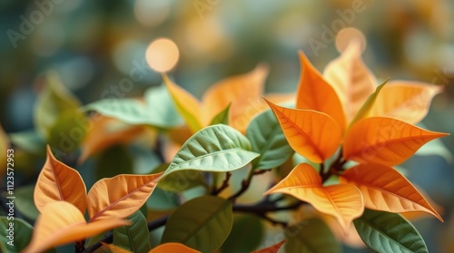 Vibrant orange and green leaves illuminated by soft light in a natural setting