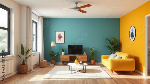 Bright and modern living room with colorful accents and natural light in a co...