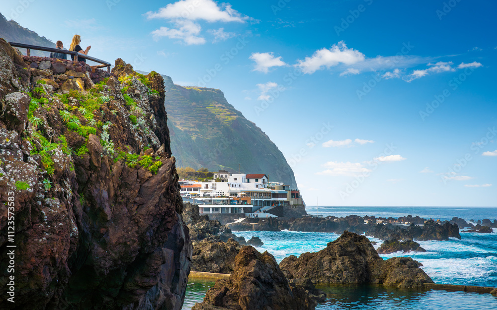 View of the small resort village of Porto Moniz on the Atlantic coast of Madeira Island, Portugal