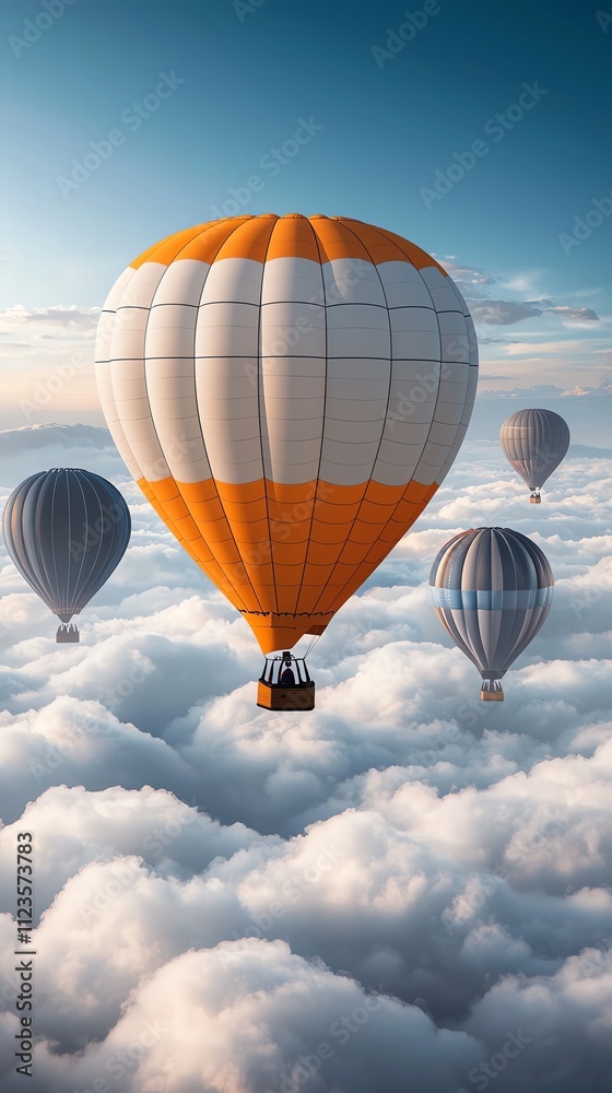 Obraz premium Vivid hot air balloons soaring above fluffy clouds under a clear blue sky, capturing the essence of adventure and serenity.