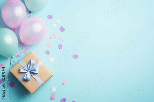 Blue pastel background with golden gift box, light blue ribbon, and heart-shaped confetti, ideal for romantic Valentine’s Day celebrations and elegant gift ideas. photo