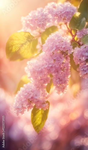 Branch of blooming lilac in early spring morning