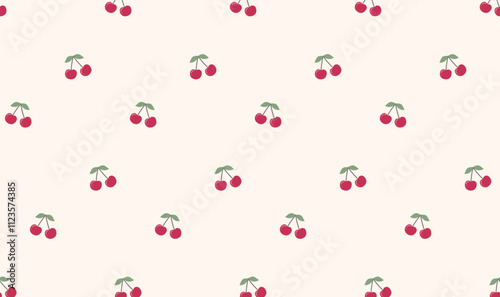 Pattern with cherries. Red cherry and green leaves on a light background. Little cherries repeat evenly distributed. Seamless vector print. Suitable for fabric, paper gift,  wrapping, textile.