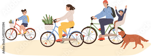 Happy family riding bicycles in the park with children and a golden retriever, enjoying active outdoor moments, embracing togetherness and the joys of a healthy lifestyle