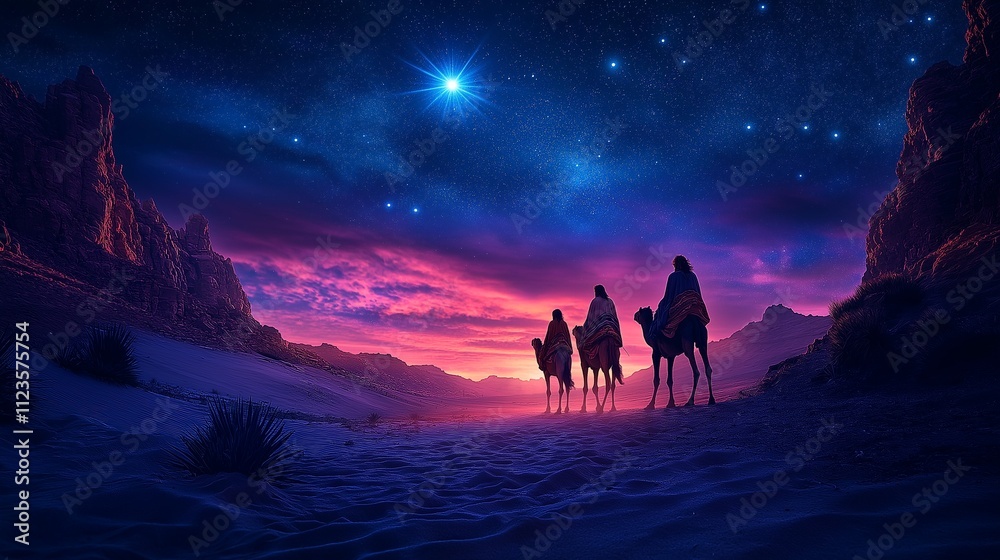 Naklejka premium Three kings walking in the desert, three magics kings walking in the starry night, reyes magos