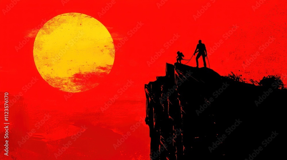 Naklejka premium Silhouetted figures stand atop a cliff against a large, fiery sunset.