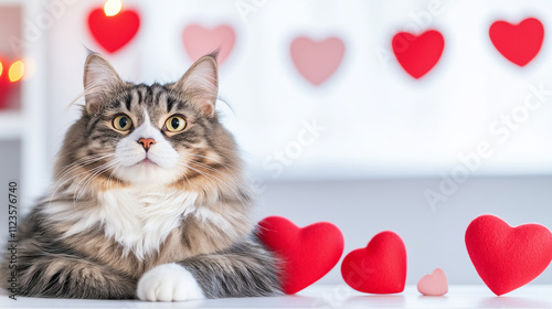 Adorable fluffy cat with red hearts on soft background, symbolizing love, romance, and Valentine’s Day themes in a cozy and charming setting. photo