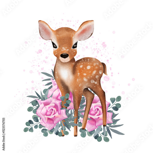 Little deer with pink rose flowers