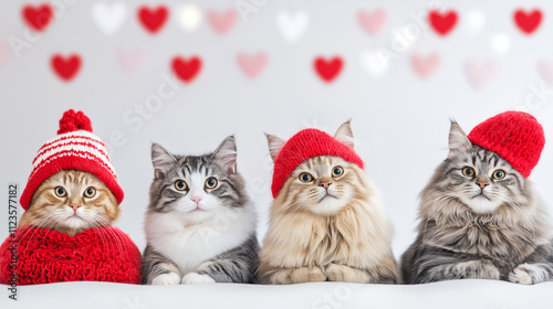 Group of adorable cats wearing festive hats, holding red hearts, celebrating love and Valentine’s Day with charming decorations and a cozy atmosphere. photo