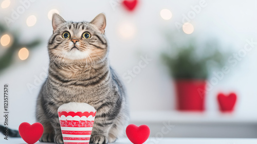 Charming tabby cat with red hearts and Valentine-themed decorations, evoking love, romance, and festive emotions in a cozy and heartwarming setting. photo