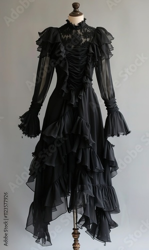 Elegant Black Dress with Ruffled Detailing and Asymmetrical Hemline on White Background, Generative Ai.