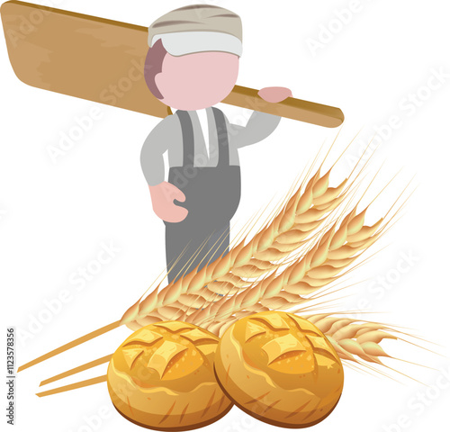 Baker holding wooden peel with bread and wheat, bakery illustration