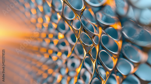 Closeup of a 3D rendered abstract image showing a metallic honeycomb structure with a flowing, fluidlike gold substance traversing the network. photo