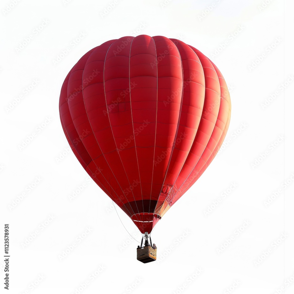 Fototapeta premium Red hot-air balloon floating, isolated white, symbolizing adventure and freedom.