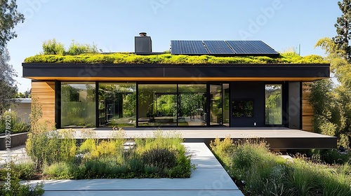 A sleek, eco-friendly modern house featuring a lush green roof and advanced solar panels, embodying sustainable architecture and innovative interior design principles