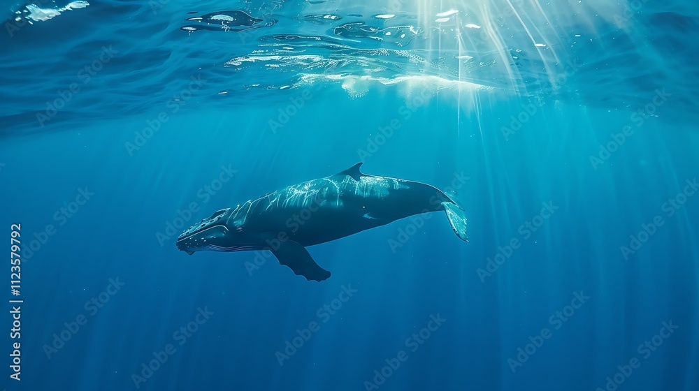 Naklejka premium Whale gliding beneath a shimmering ocean surface