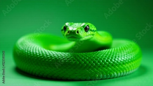 green snake lies in a pile on a green background