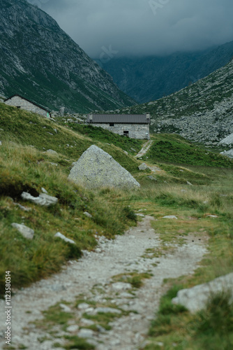 Landscape picture of the Adamè Valley in the Northern Italy, duirng a rainy and moody day photo