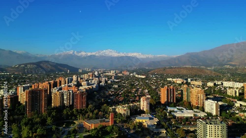 Panoramic Aerial View of a City with a Mountain Backdrop on a Clear Day