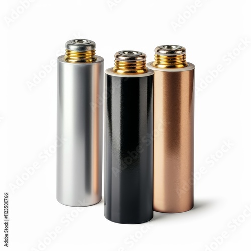 Three batteries (AAA, AA, and PP3), isolated on white, highlighting the different sizes and types photo