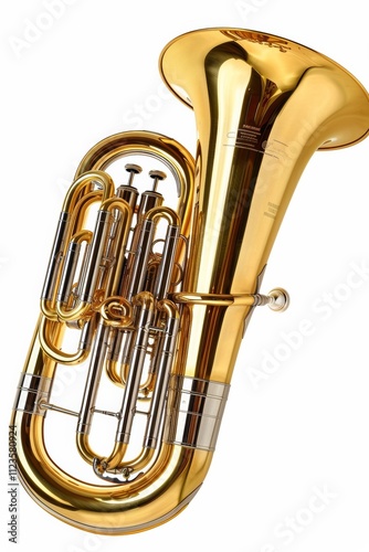 image of a tuba euphonium horn isolated on white, showcasing its shiny brass surface and intricate photo