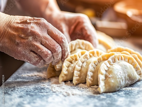 Traditional polish pierogi making scene with flour on a rustic kitchen table
