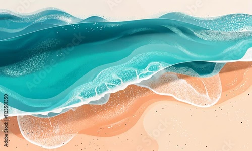 A stylized illustration of ocean waves meeting a sandy beach.