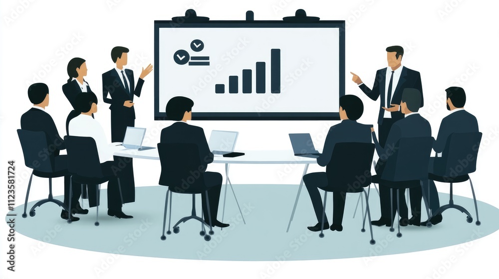 Fototapeta premium Businesspeople in a meeting, reviewing data on a presentation board.