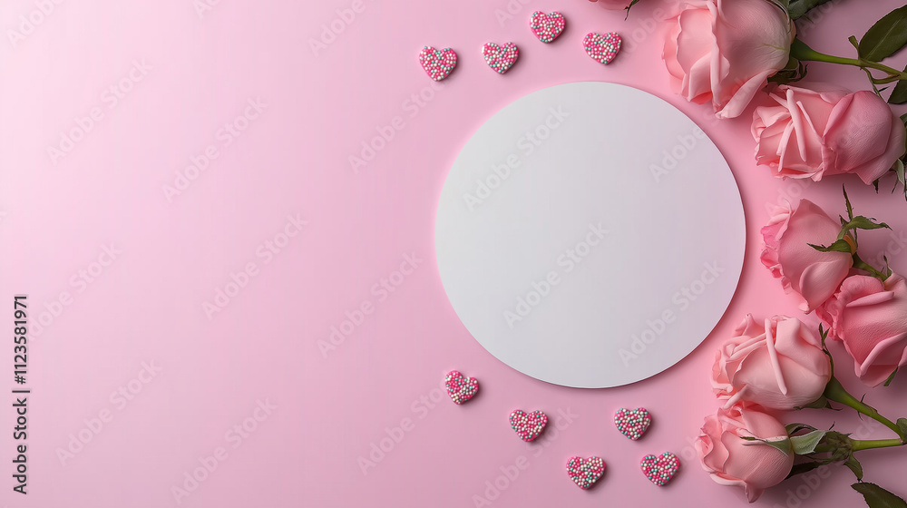Elegant pink roses and hearts arranged with blank white circle card, perfect for romantic Valentine’s Day messages, love-themed designs, and creative greeting cards. Elegant pink roses and hearts arranged with blank white circle card, perfect for romantic Valentine’s Day messages, love-themed designs, and creative greeting cards.